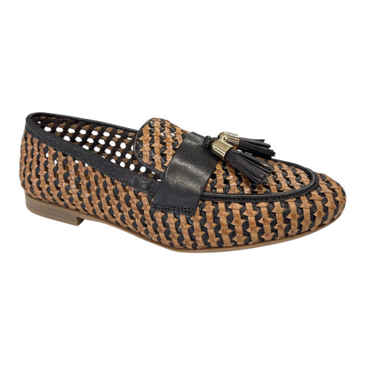 Frau - Mocassino donna in pelle intrecciata nera e cognac con nappine.