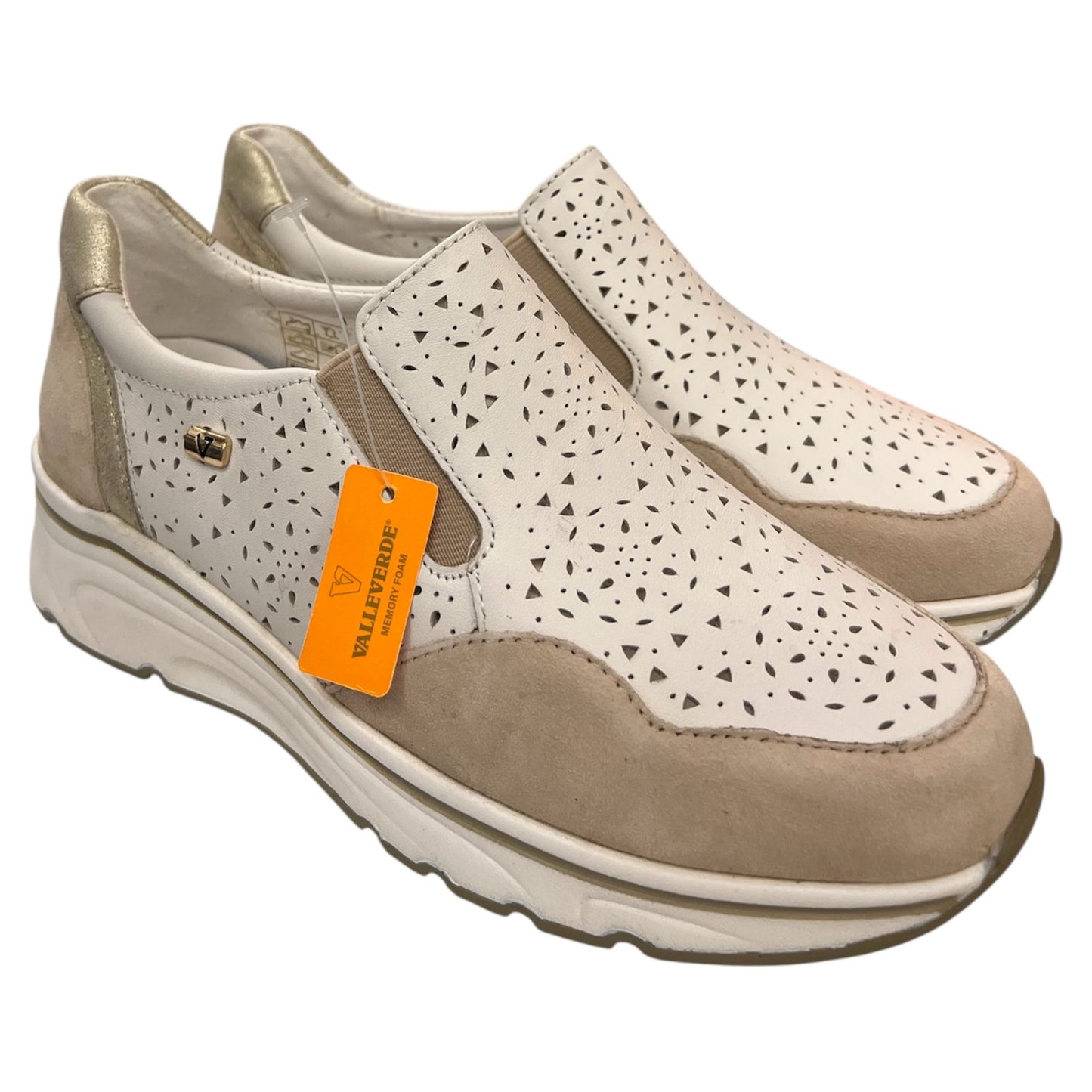 VALLEVERDE - Slip on donna in camoscio e pelle bianca e beige.