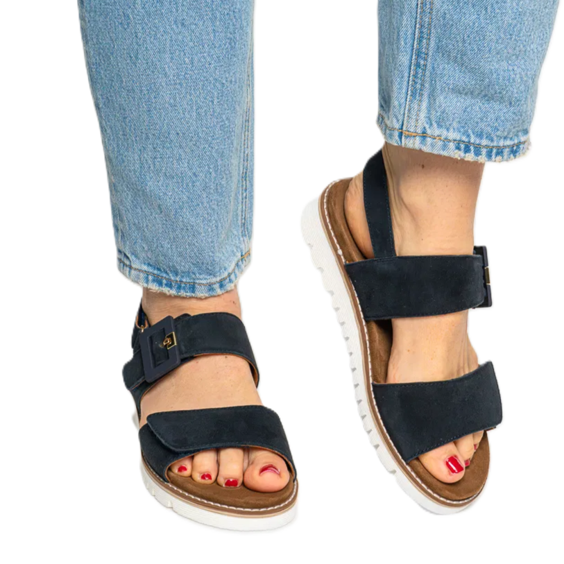 Ara - Sandali comodo in pelle scamosciata blu con fibbia.