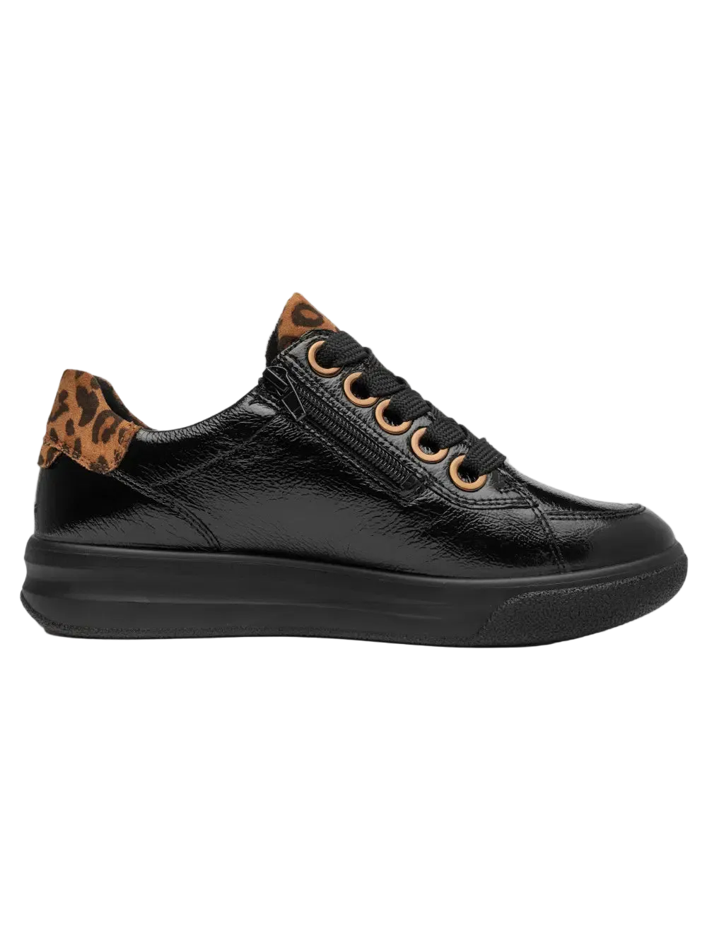 Ara - Sneakers in vernice nera con leopardato.