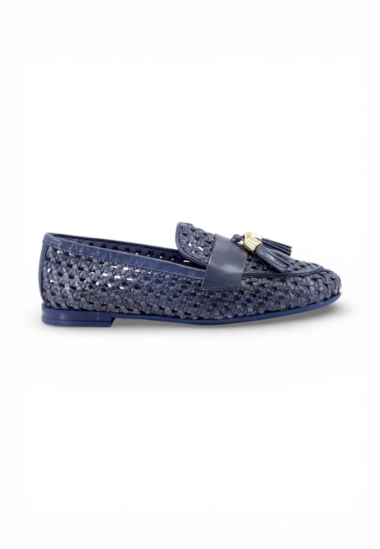 Frau - Mocassino donna  in pelle intrecciata blu con nappine.
