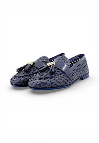 Frau - Mocassino donna  in pelle intrecciata blu con nappine.