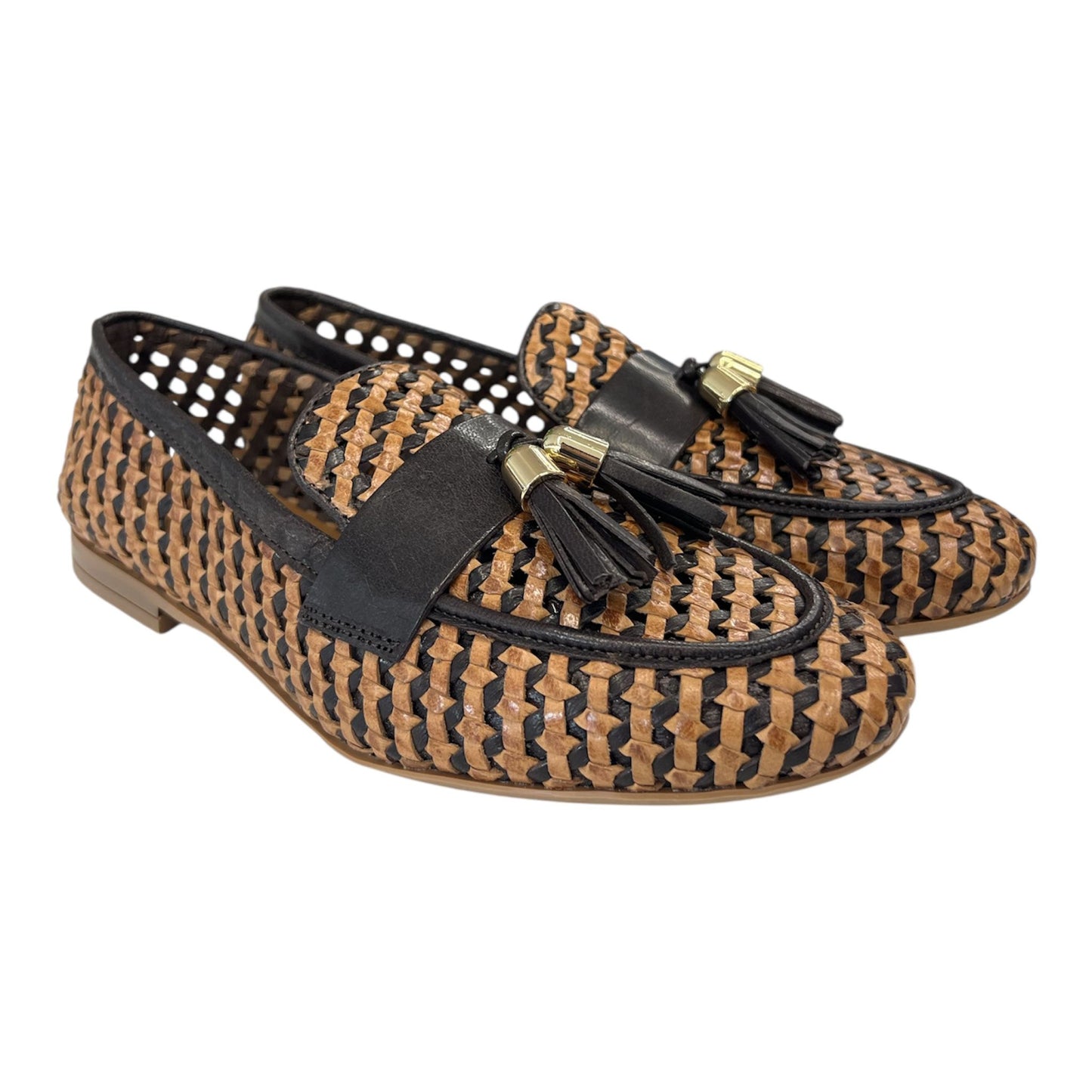 Frau - Mocassino donna  in pelle intrecciata nera e cognac con nappine.