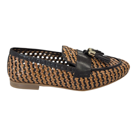 Frau - Mocassino donna  in pelle intrecciata nera e cognac con nappine.