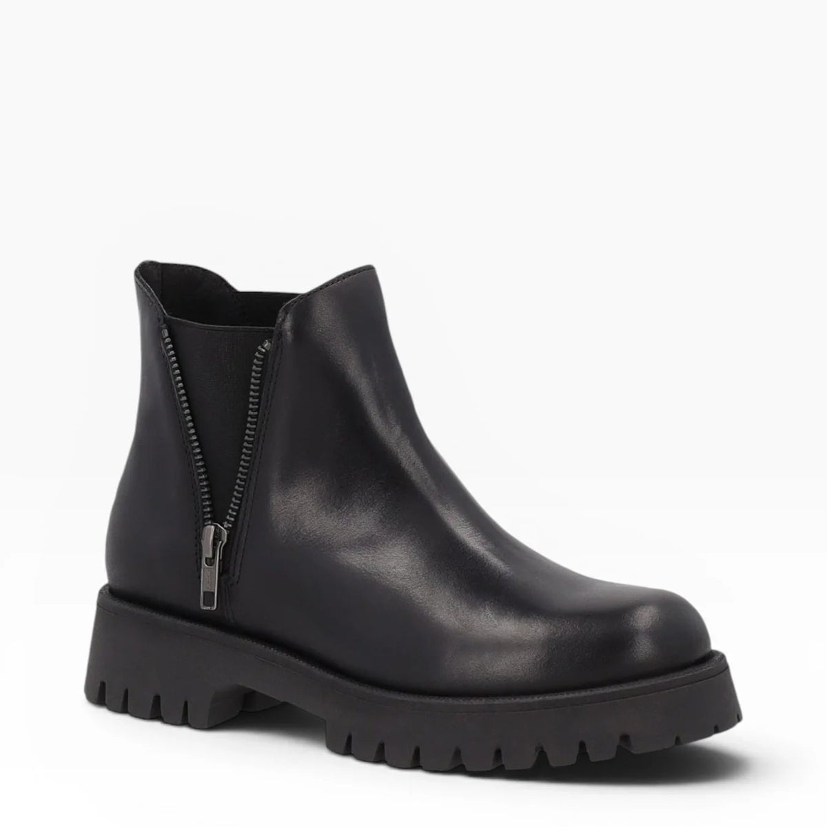 Frau - Beatles donna in pelle nera con cerniera laterale.
