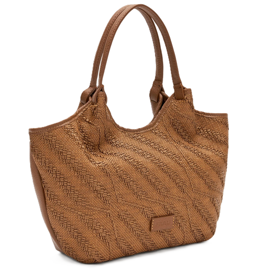 Frau - Borsa in rafia color cognac  con profili in pelle.