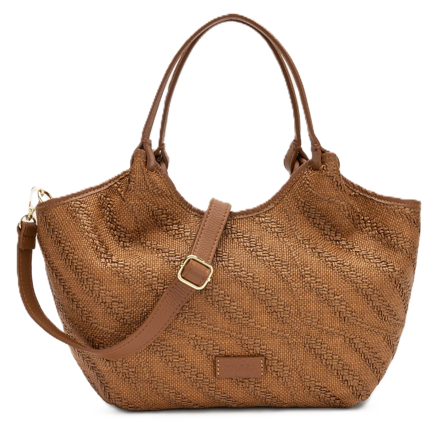 Frau - Borsa in rafia color cognac  con profili in pelle.
