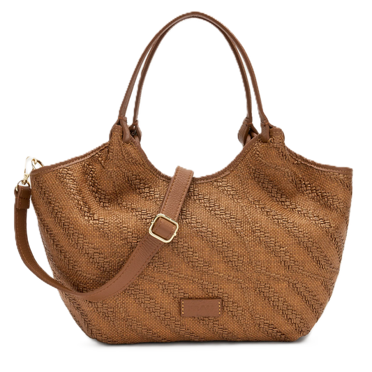 Frau - Borsa in rafia color cognac  con profili in pelle.