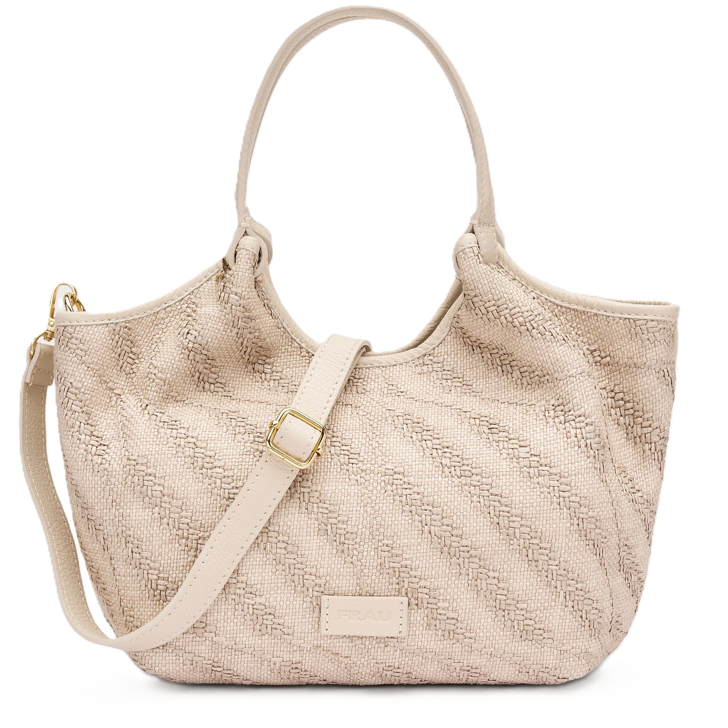 Frau - Borsa in rafia color crema con profili in pelle.