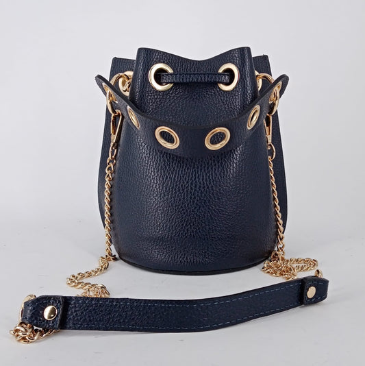 Marconato Borse - Secchiello in pelle blu scuro con dettagli dorati.