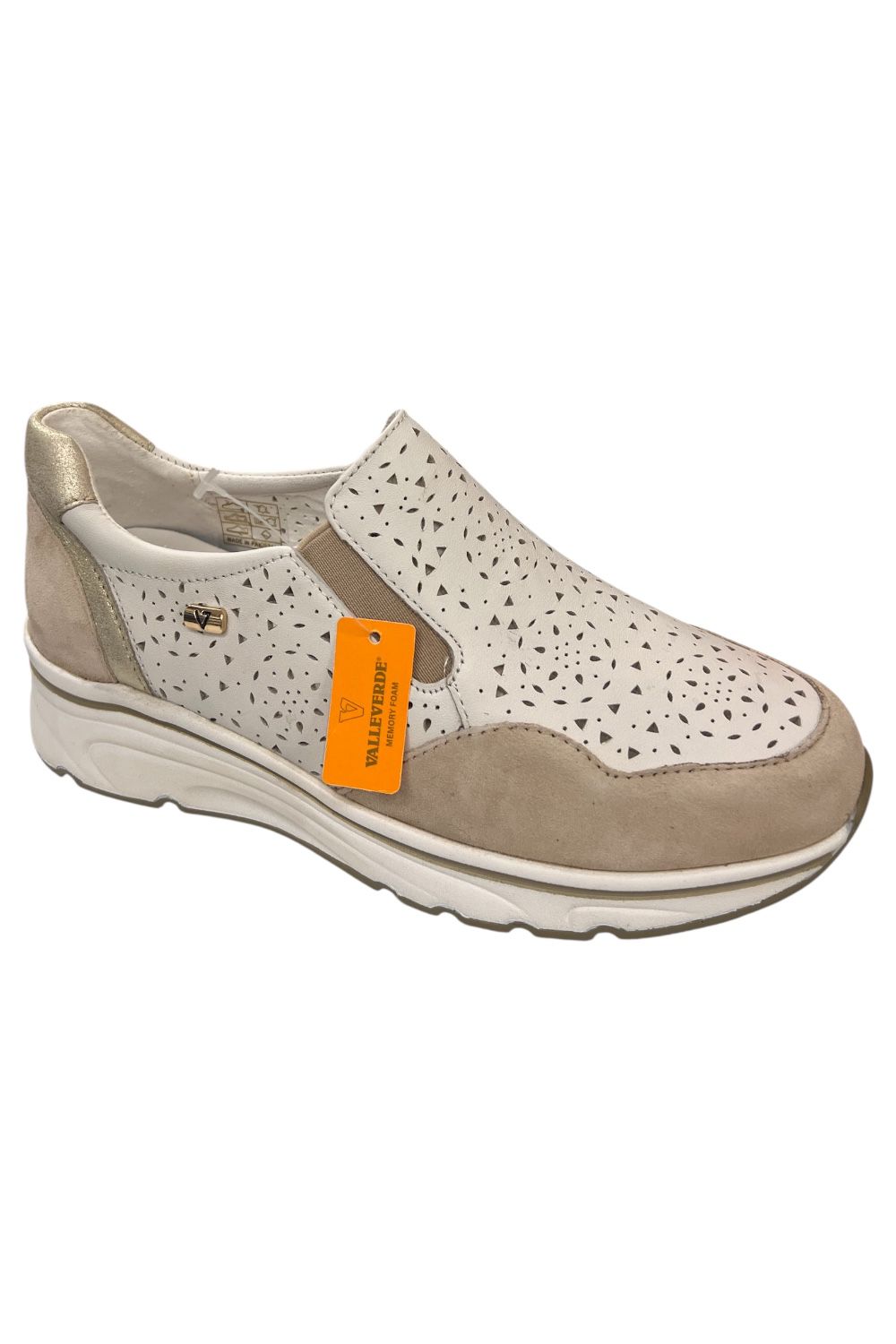 VALLEVERDE - Slip on donna in camoscio e pelle bianca e  beige.