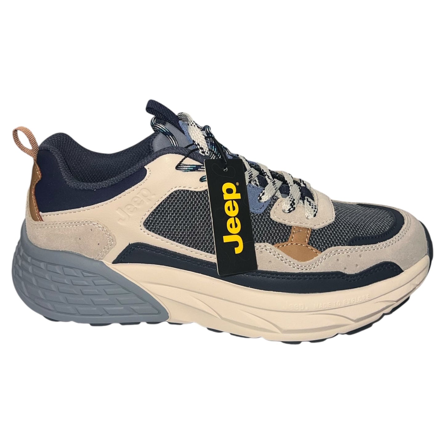 Jeep - Sneakers uomo in tessuto e pelle beige e blu.