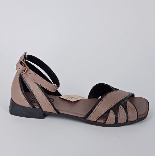 BUENO . Sandalo in pelle tortora e nero  con talloncino.