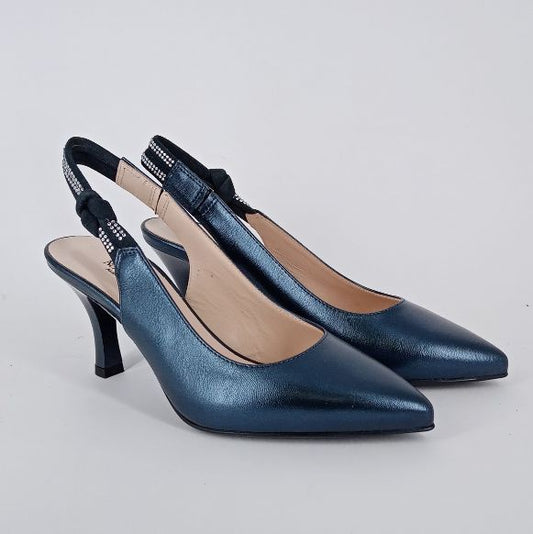 NERO GIARDINI  - Decoltè aperto dietro in pelle laminata blu . -30%